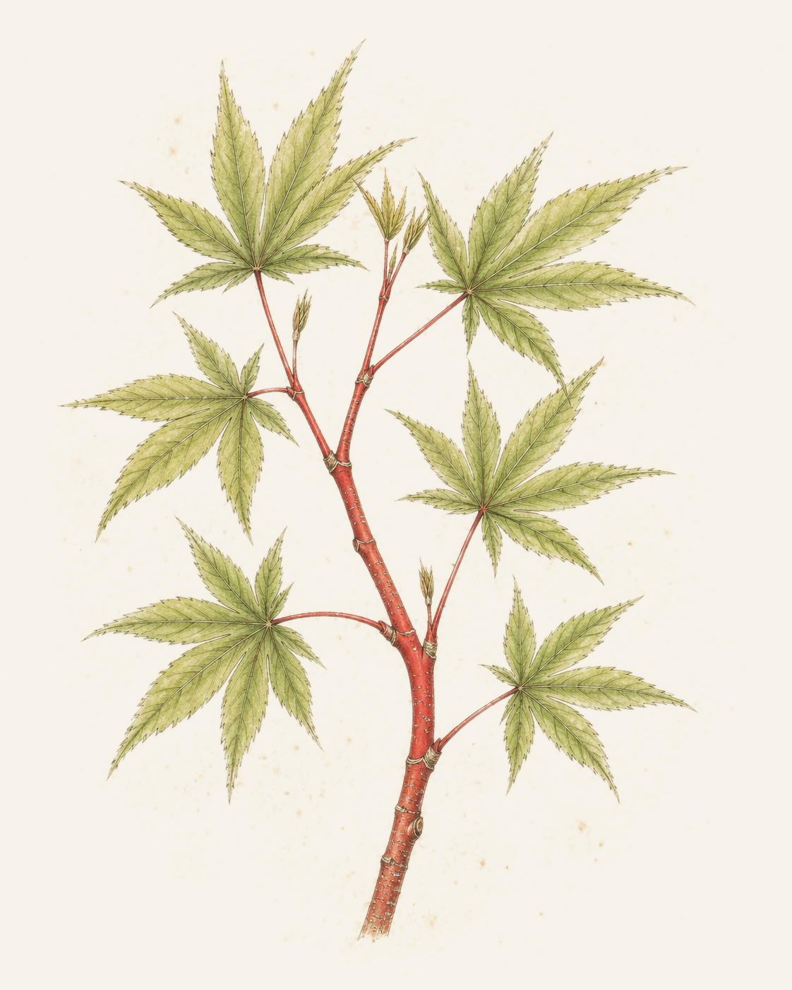Botanical illustration of Coralbark Japanese Maple